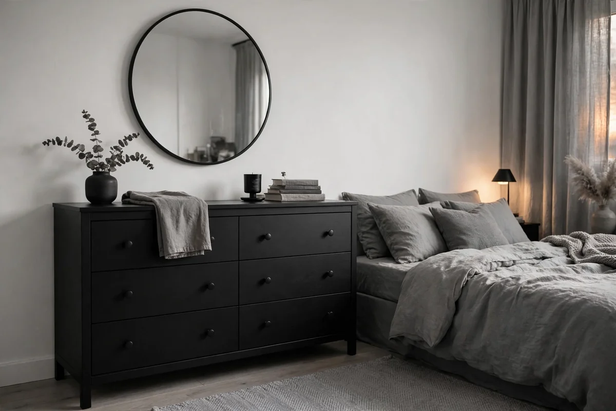 Black furniture in white and grey bedroom