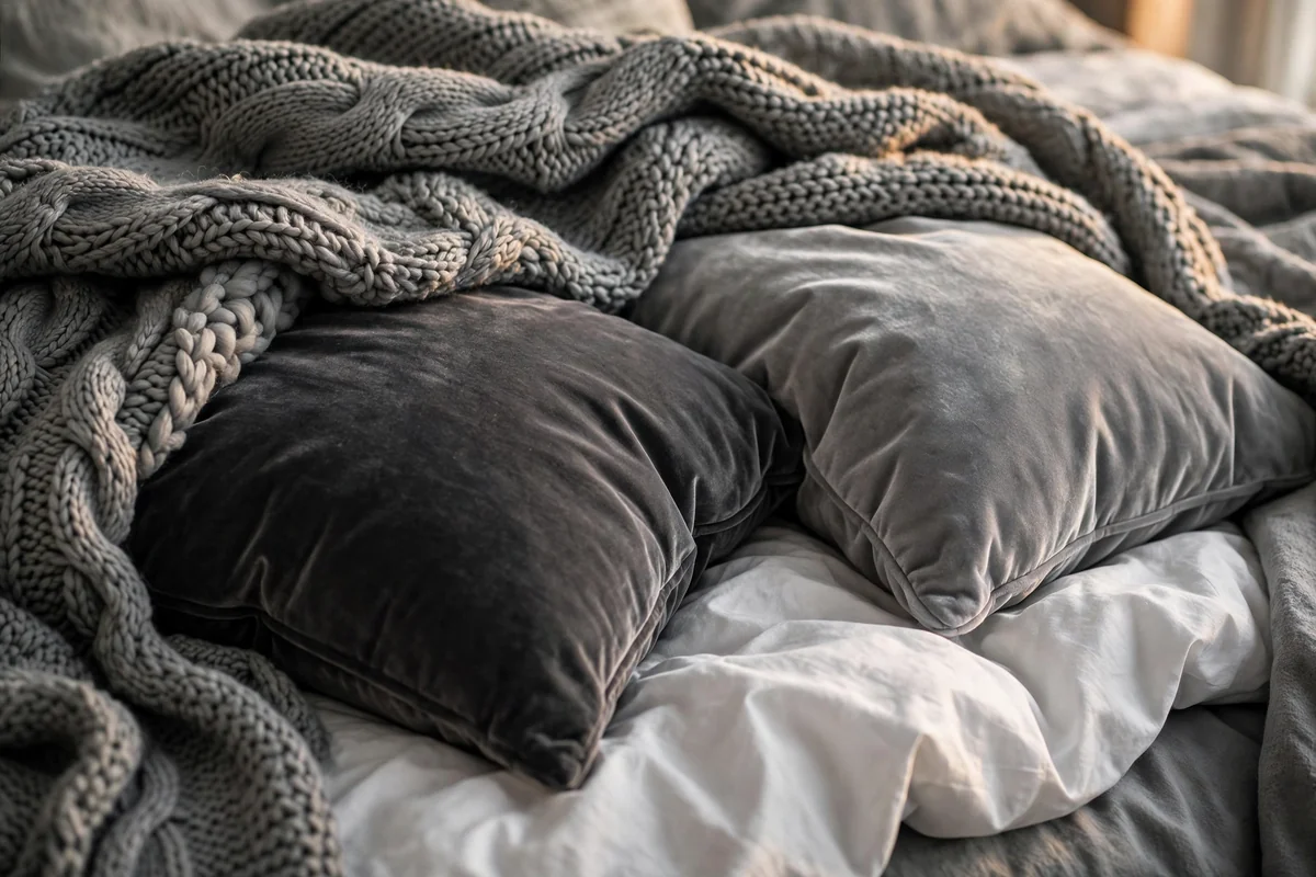 Layered grey textiles in monochrome bedroom