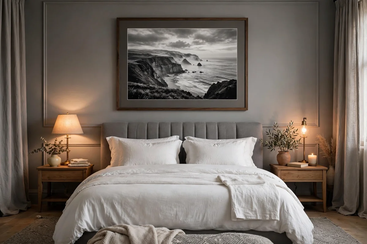 Black and white art in grey bedroom