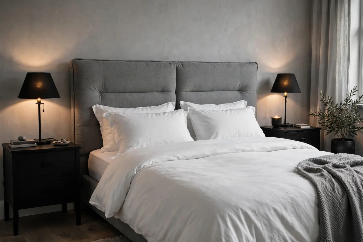 Grey upholstered headboard in monochrome bedroom