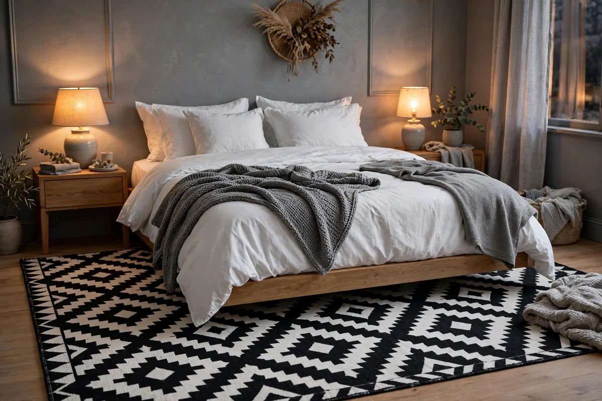 Patterned black and white rug in grey bedroom
