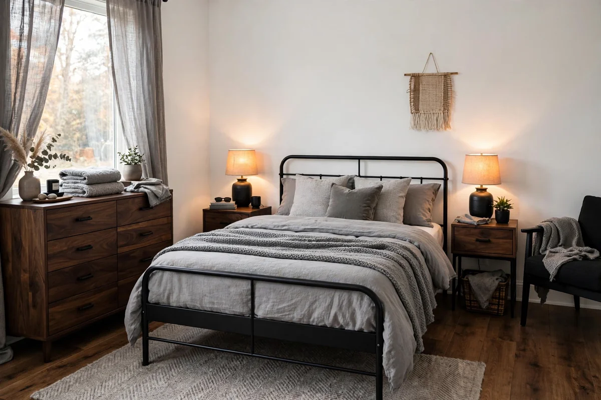 White walls with dark furniture in bedroom