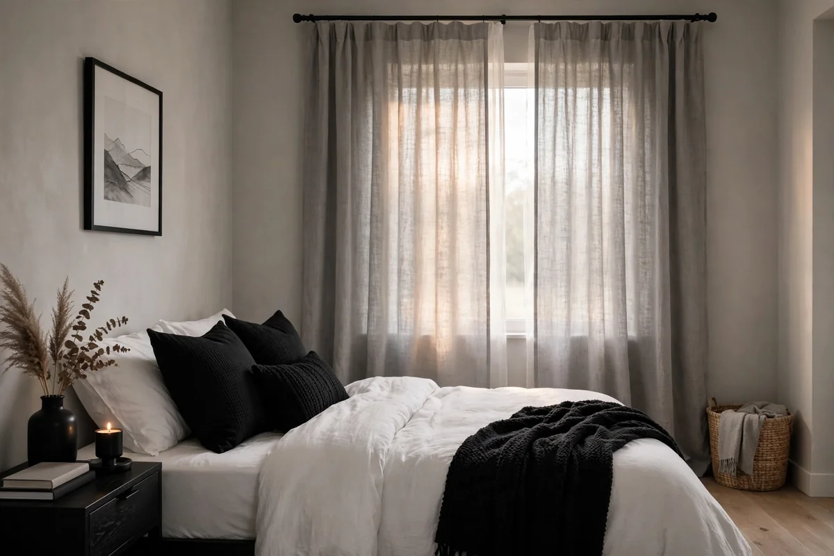 Soft grey curtains in monochrome bedroom
