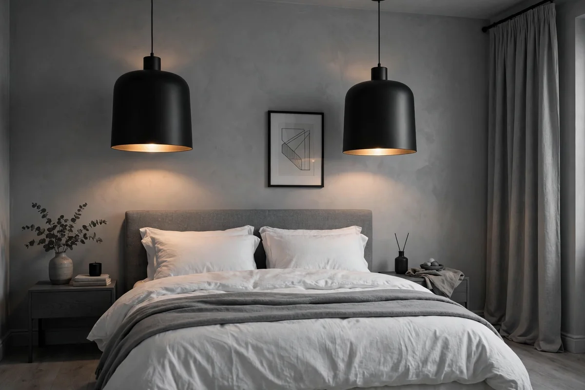 Black light fixtures in grey bedroom