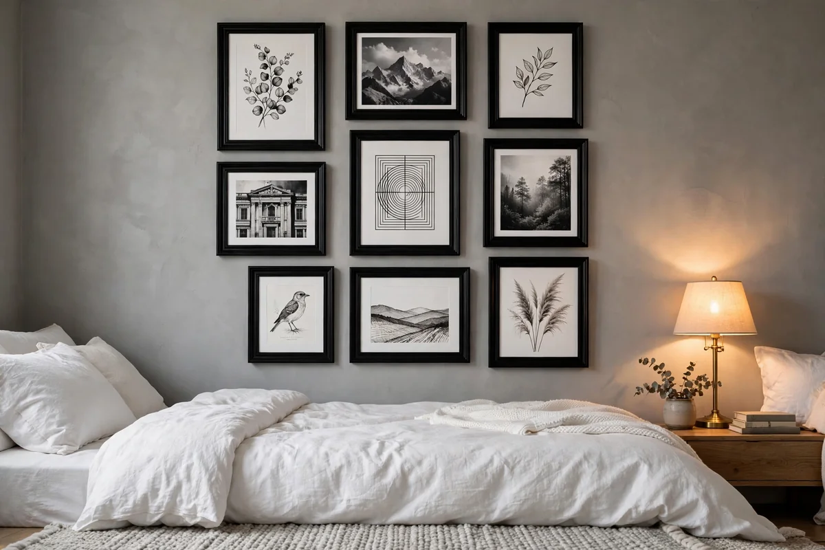 Monochrome gallery wall in bedroom