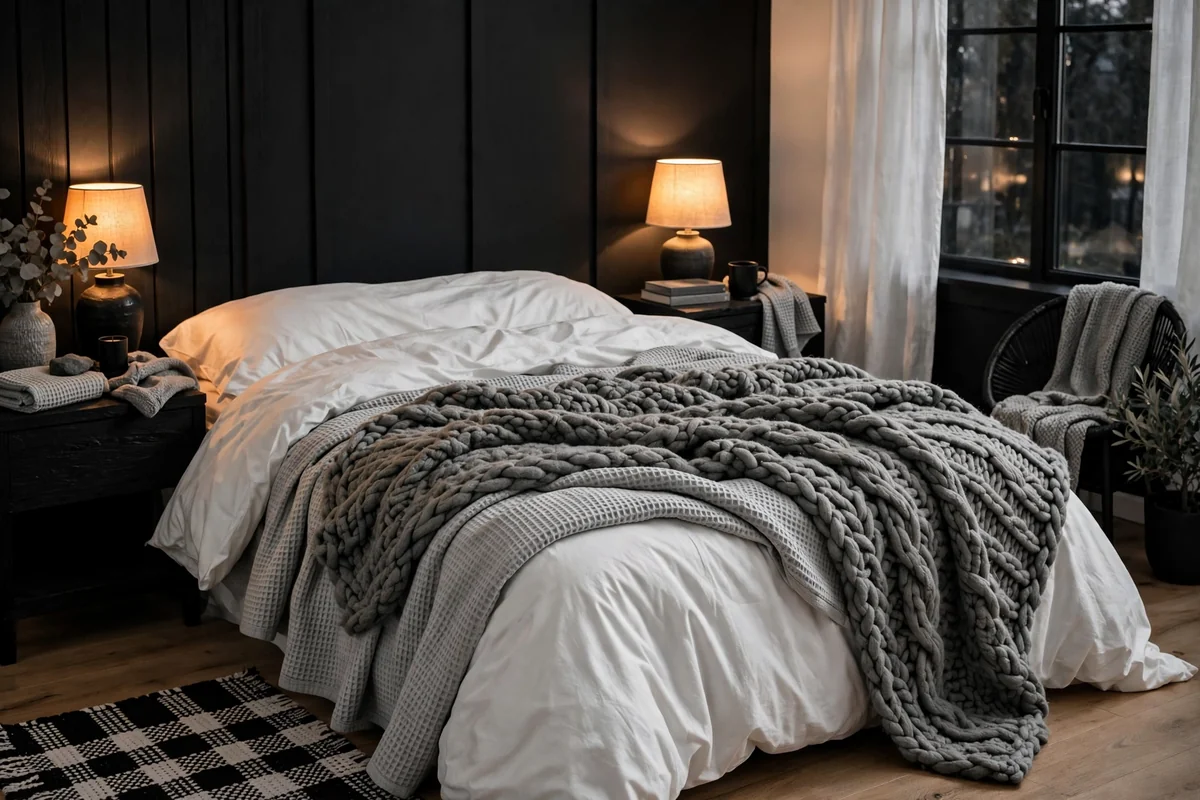 Textured grey throws on monochrome bed