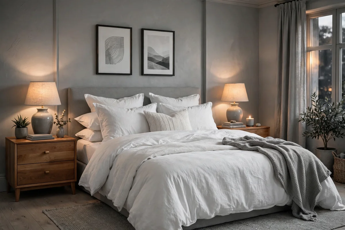 White bedding with wood accents in grey bedroom