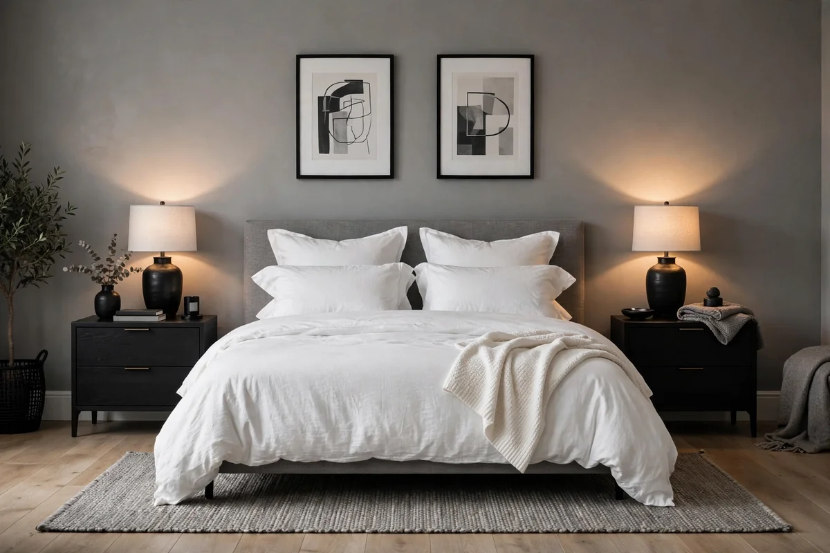 Black nightstands in white and grey bedroom