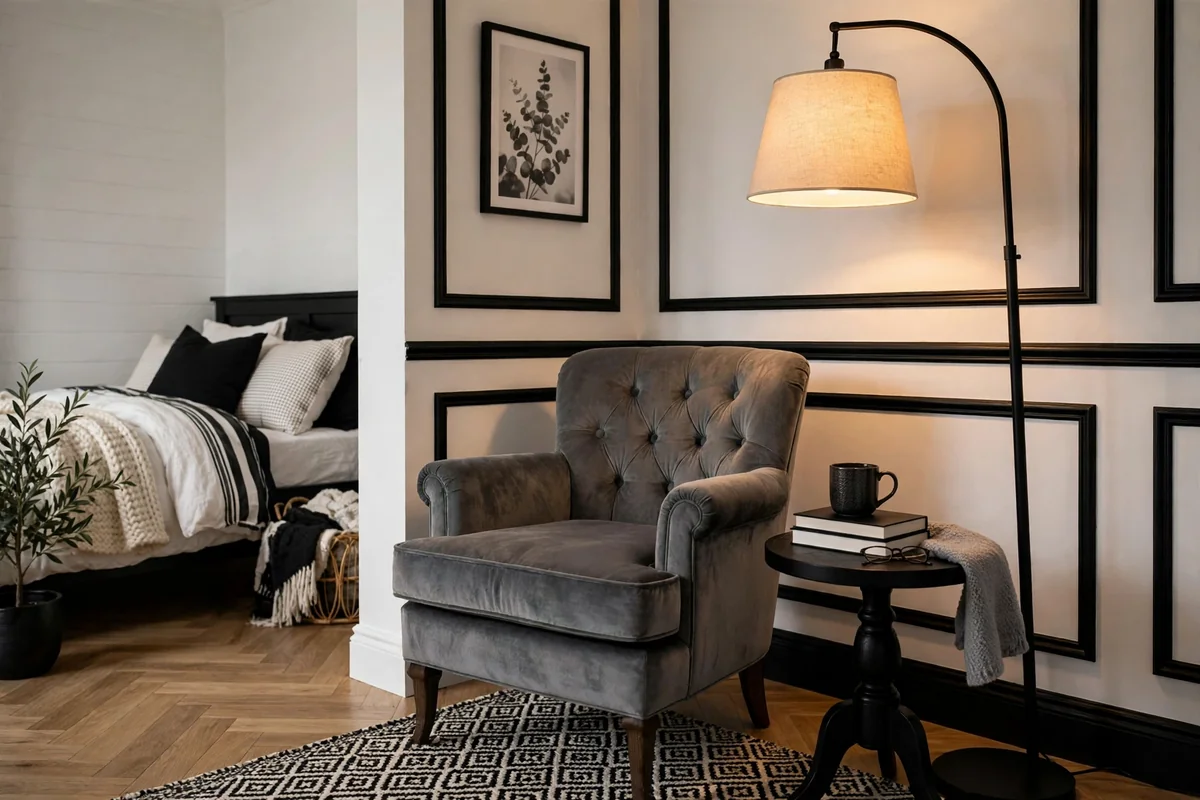 Grey accent chair in monochrome bedroom