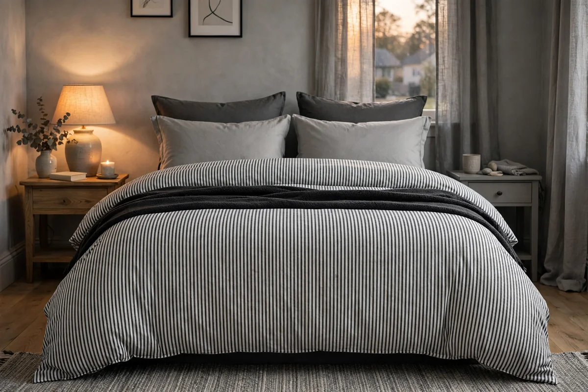 Striped bedding in black white grey bedroom
