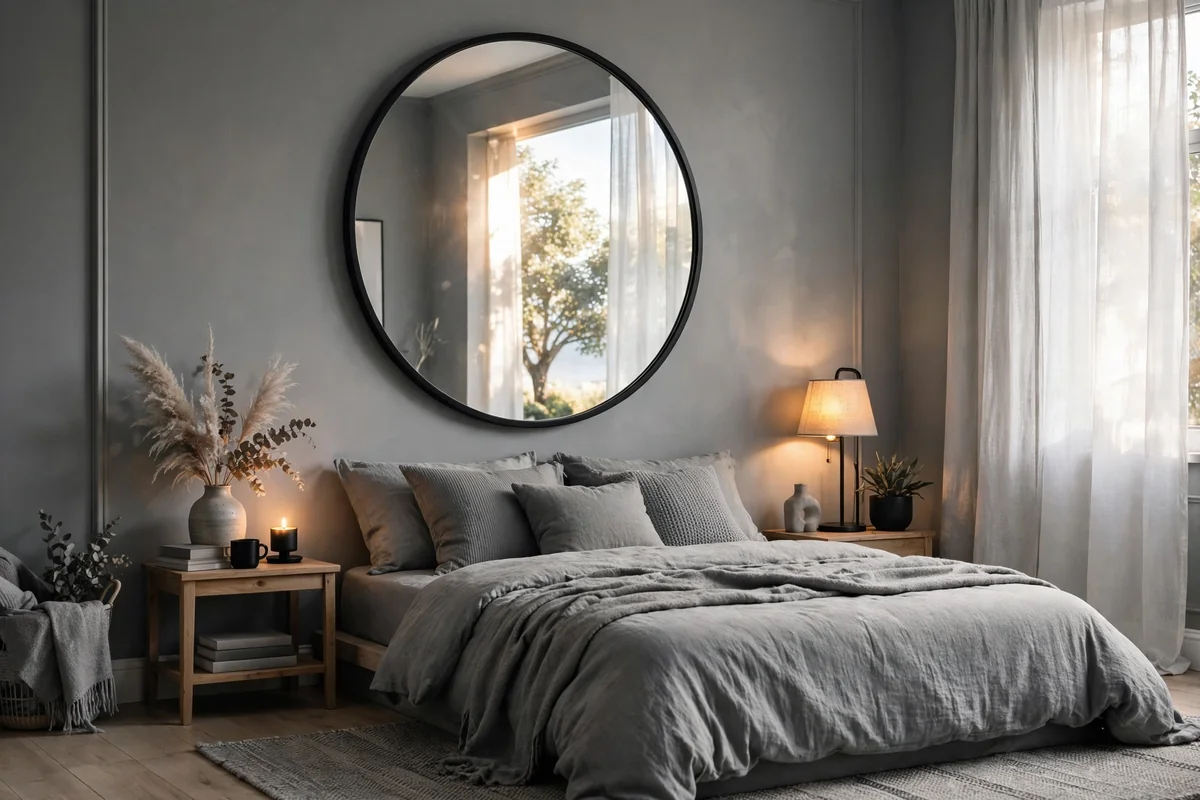 Mirror reflecting light in monochrome bedroom