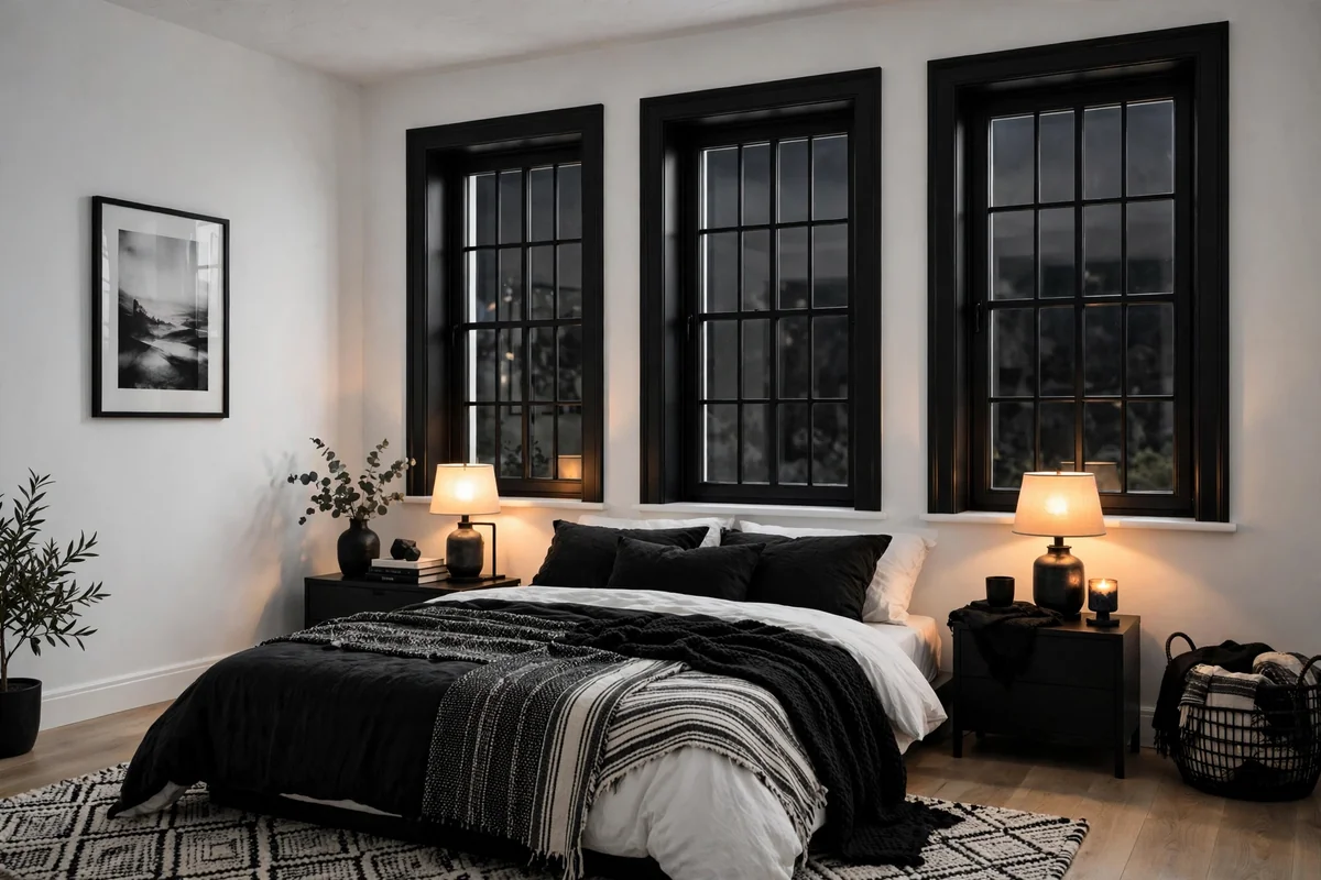 Black window trim in white bedroom
