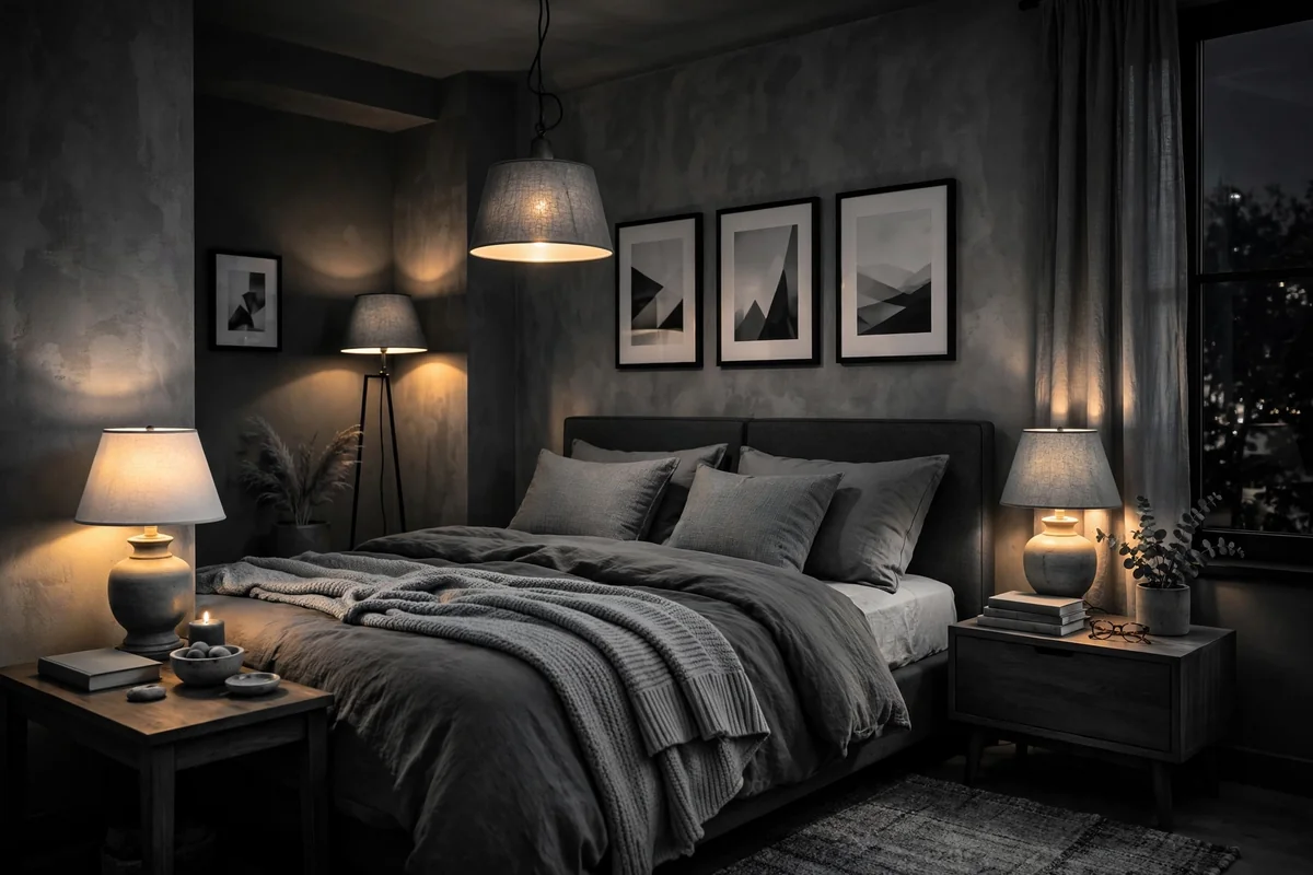 Cozy layered lighting in monochrome bedroom