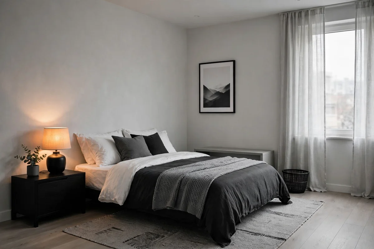 Minimal clutter in black white grey bedroom