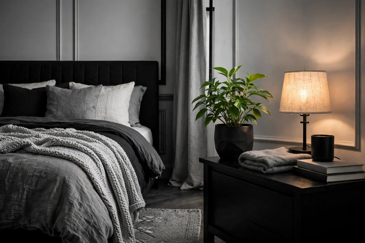 Touch of green plants in monochrome bedroom