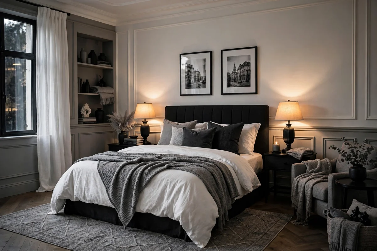 Disciplined monochrome palette in bedroom