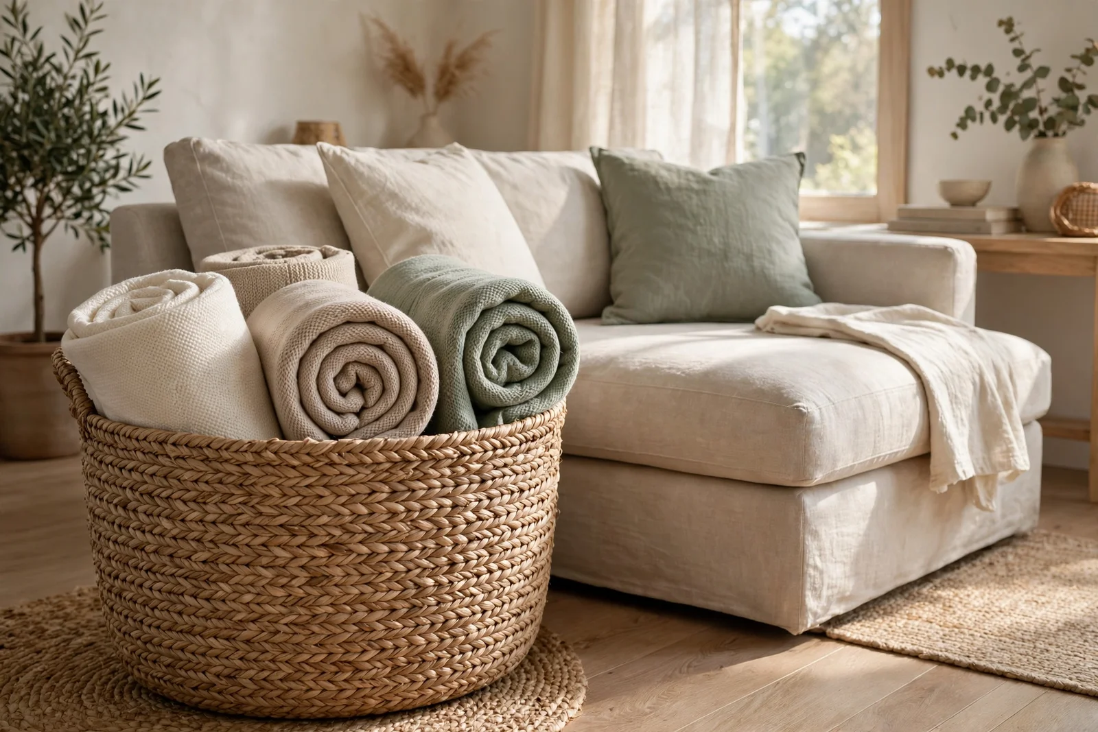 A woven seagrass basket filled with rolled throws beside a linen sofa in warm natural light