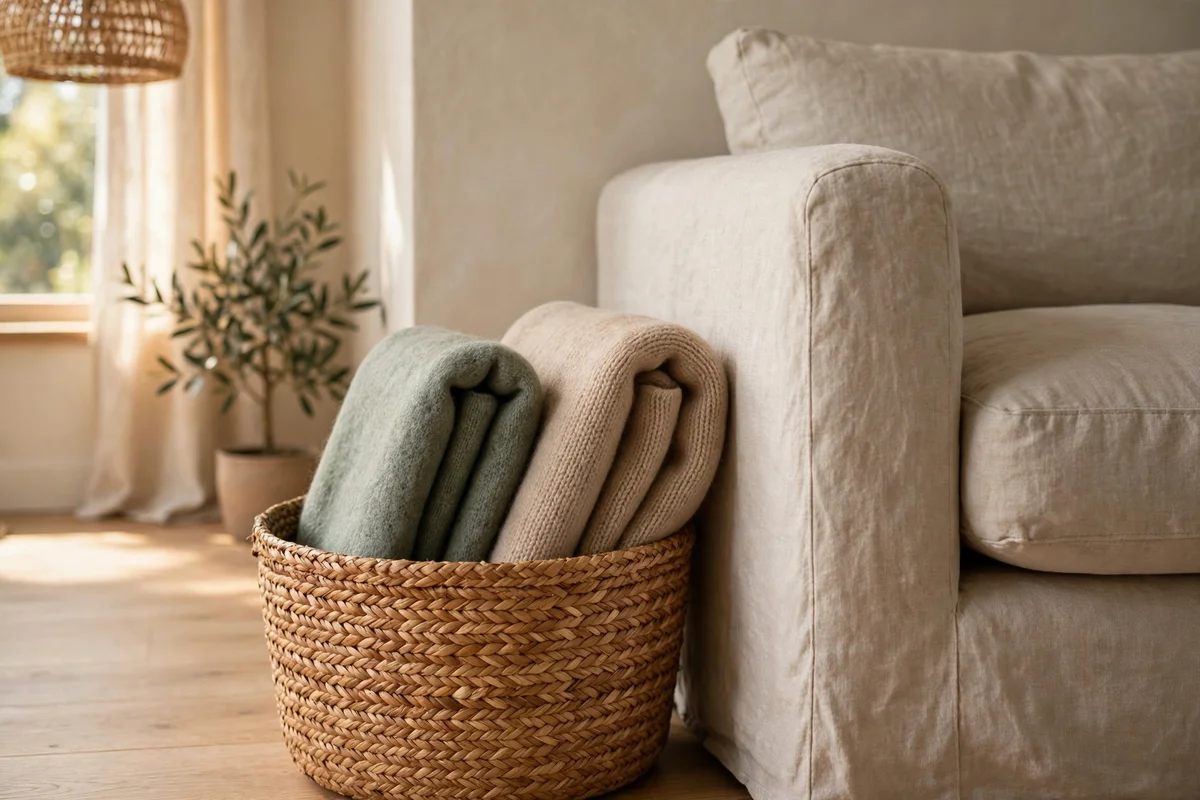 Seagrass basket with folded throws beside a linen sofa arm