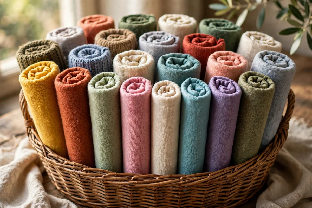 Rolled throws standing upright in a woven basket like files