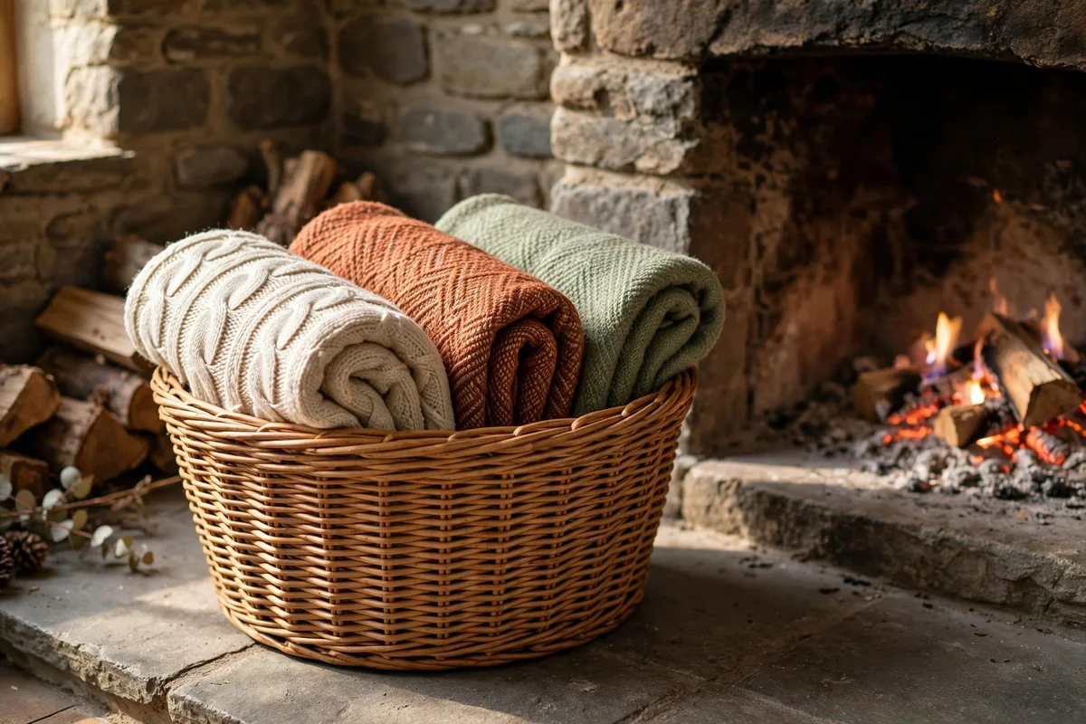 Wicker basket of folded throws beside a stone fireplace