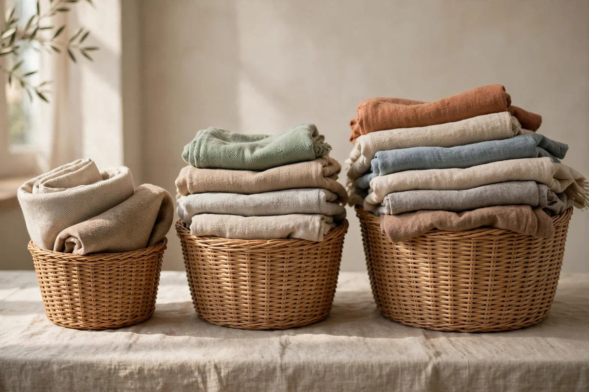 Three woven baskets in small, medium and large sizes with throws