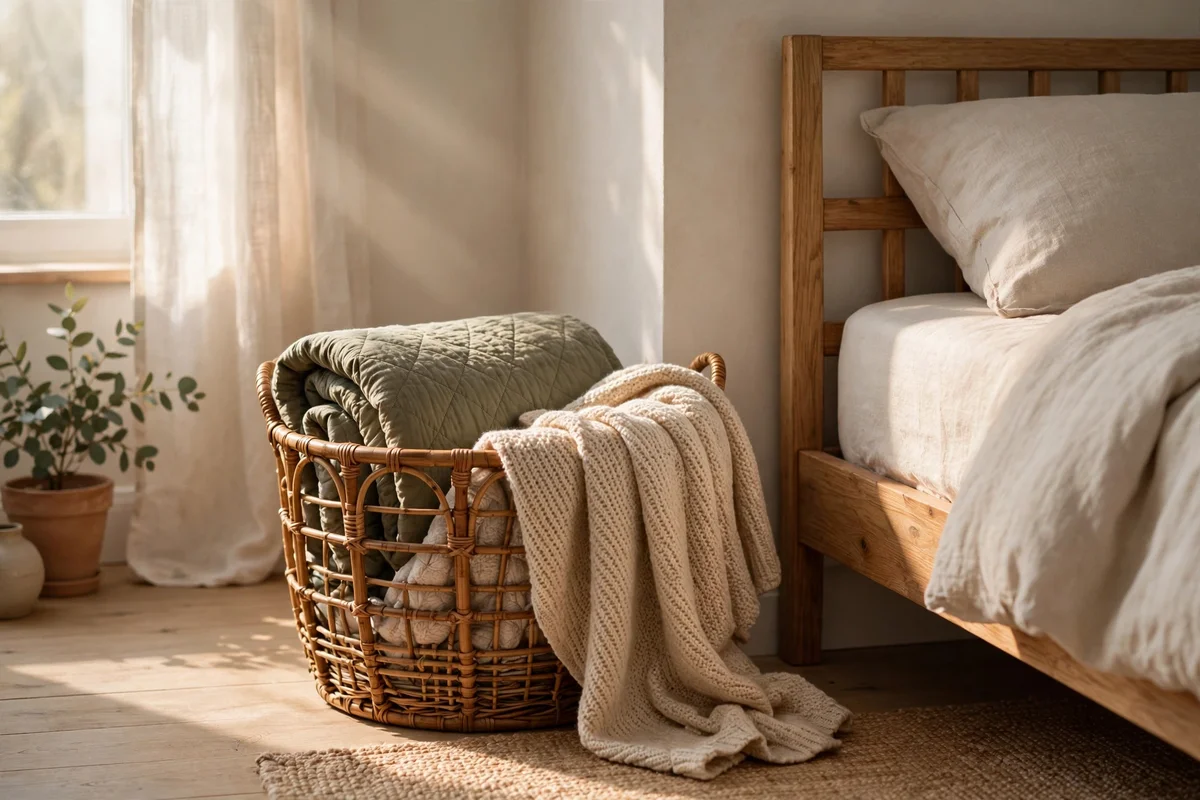 Rattan basket with quilt and throw in a calm bedroom corner