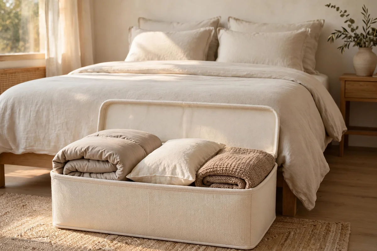 Lidded fabric basket with spare bedding at the foot of a guest bed