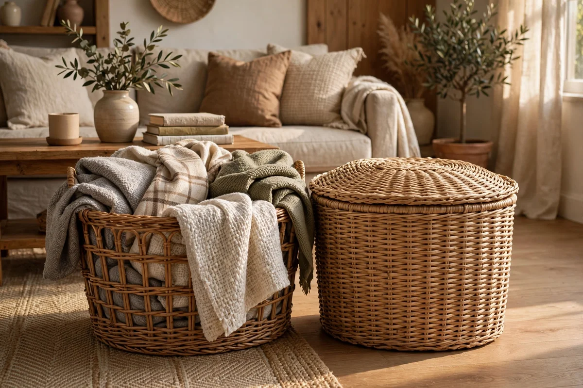 Two baskets side by side, one open with throws and one lidded