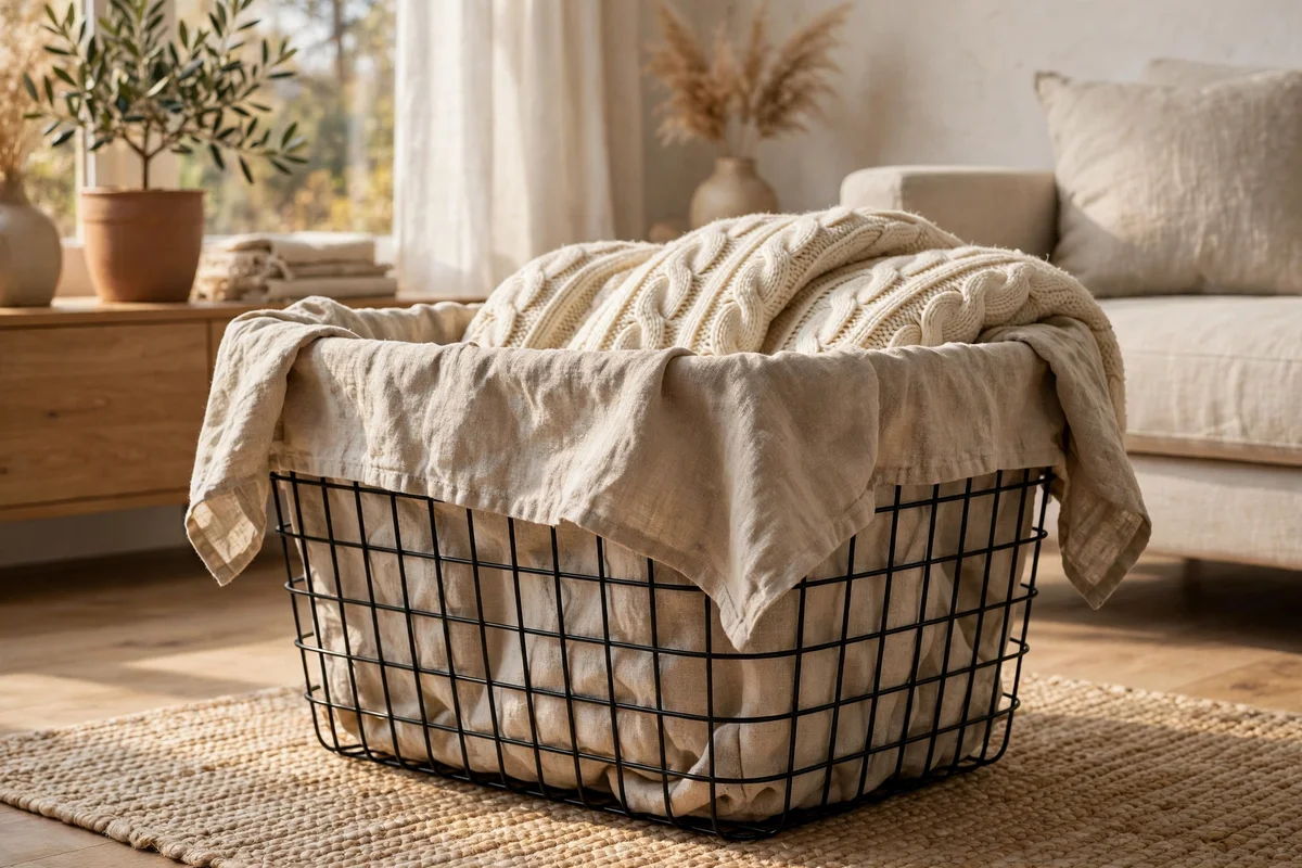 Wire basket lined with washed linen holding a cream knit throw