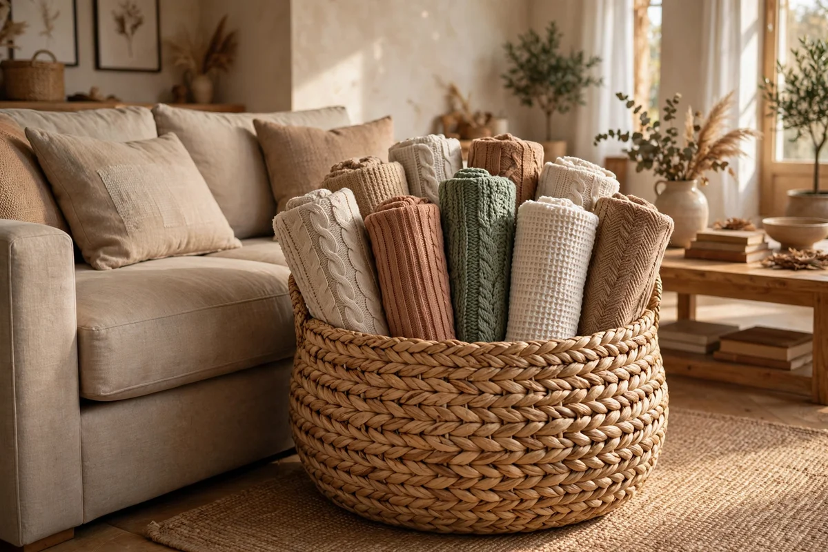 Oversized floor basket of rolled throws beside a family room sofa