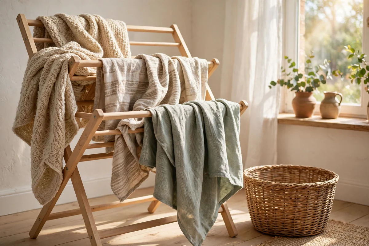 Freshly aired throws beside an empty woven basket in sunlight