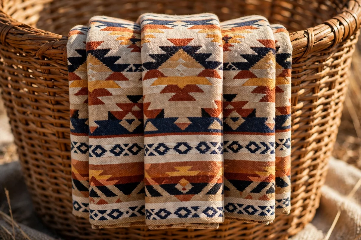 Throw folded in thirds draped crisply over a basket rim