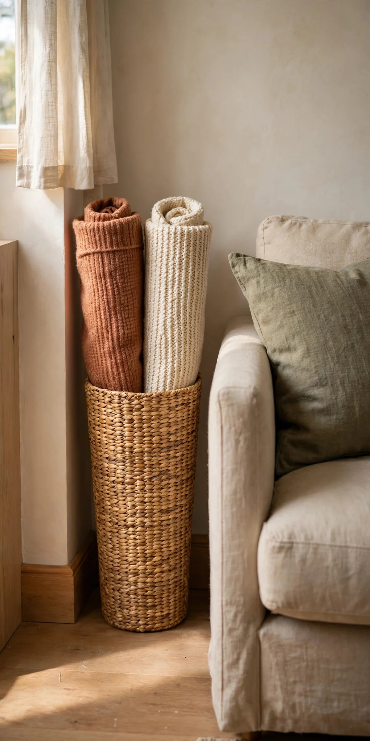 Tall narrow basket with rolled throws in a living room corner
