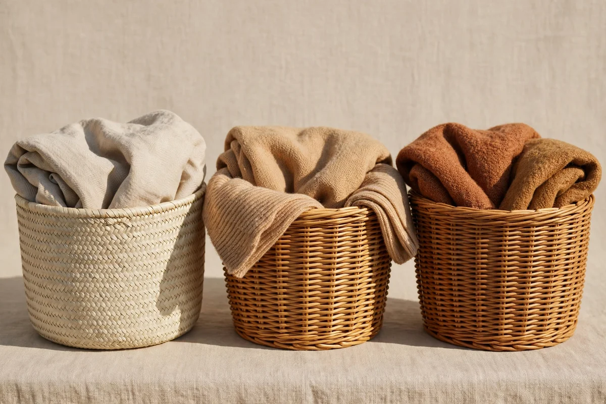 Seagrass, wicker and rattan baskets showing different weaves