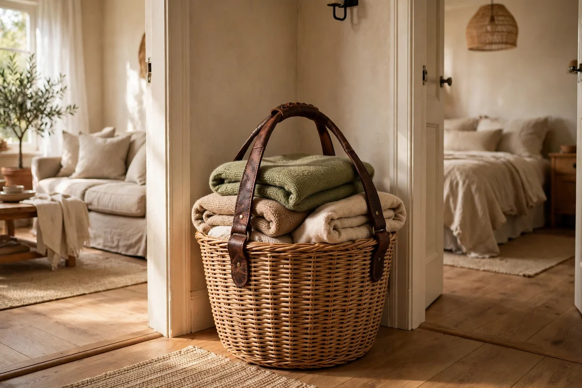 Handled woven basket with throws carried between rooms