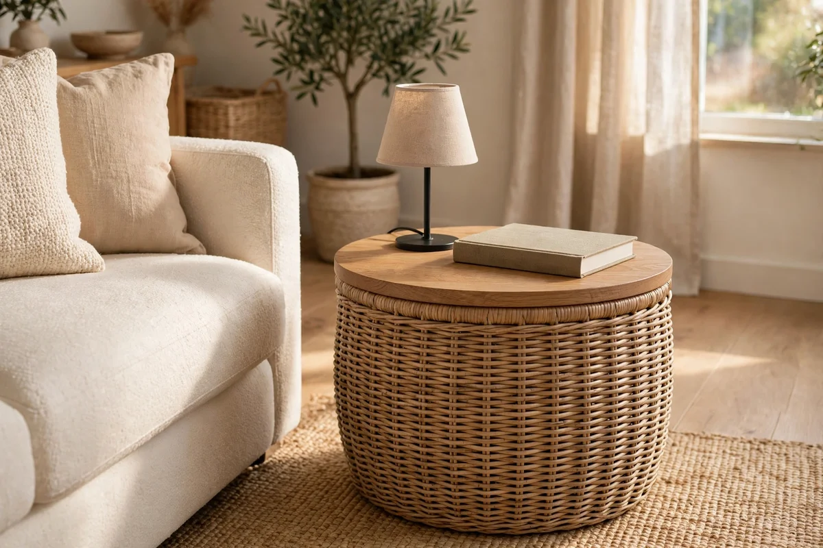 Lidded basket with wooden top used as a side table beside a sofa