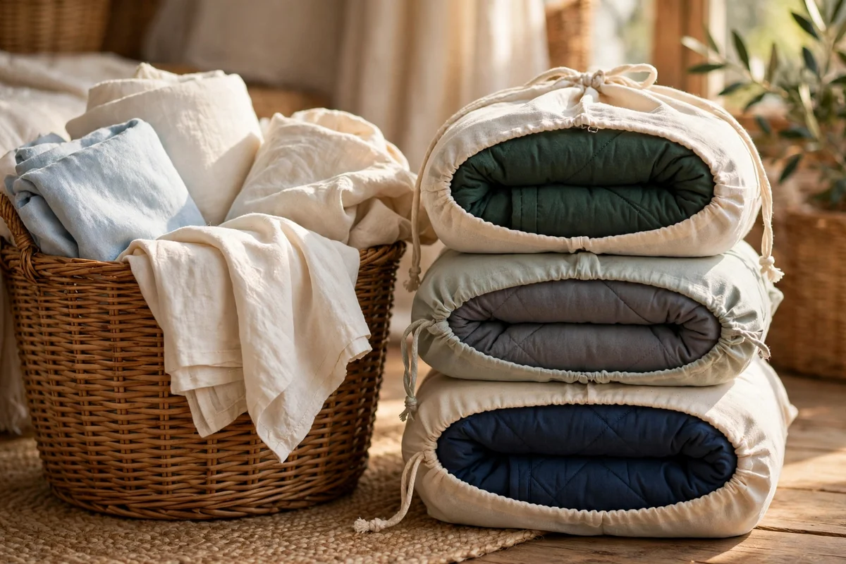 Basket with light summer throws beside folded winter quilts