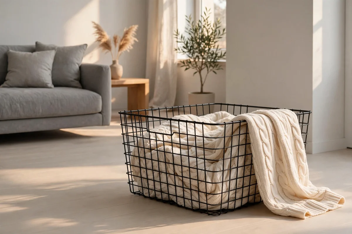 Black wire basket with cream knit throw in a modern living room