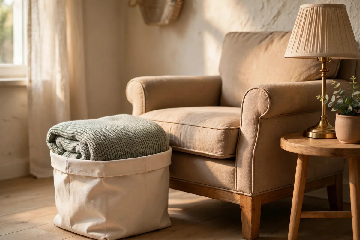 Small fabric basket with one folded throw beside a reading chair