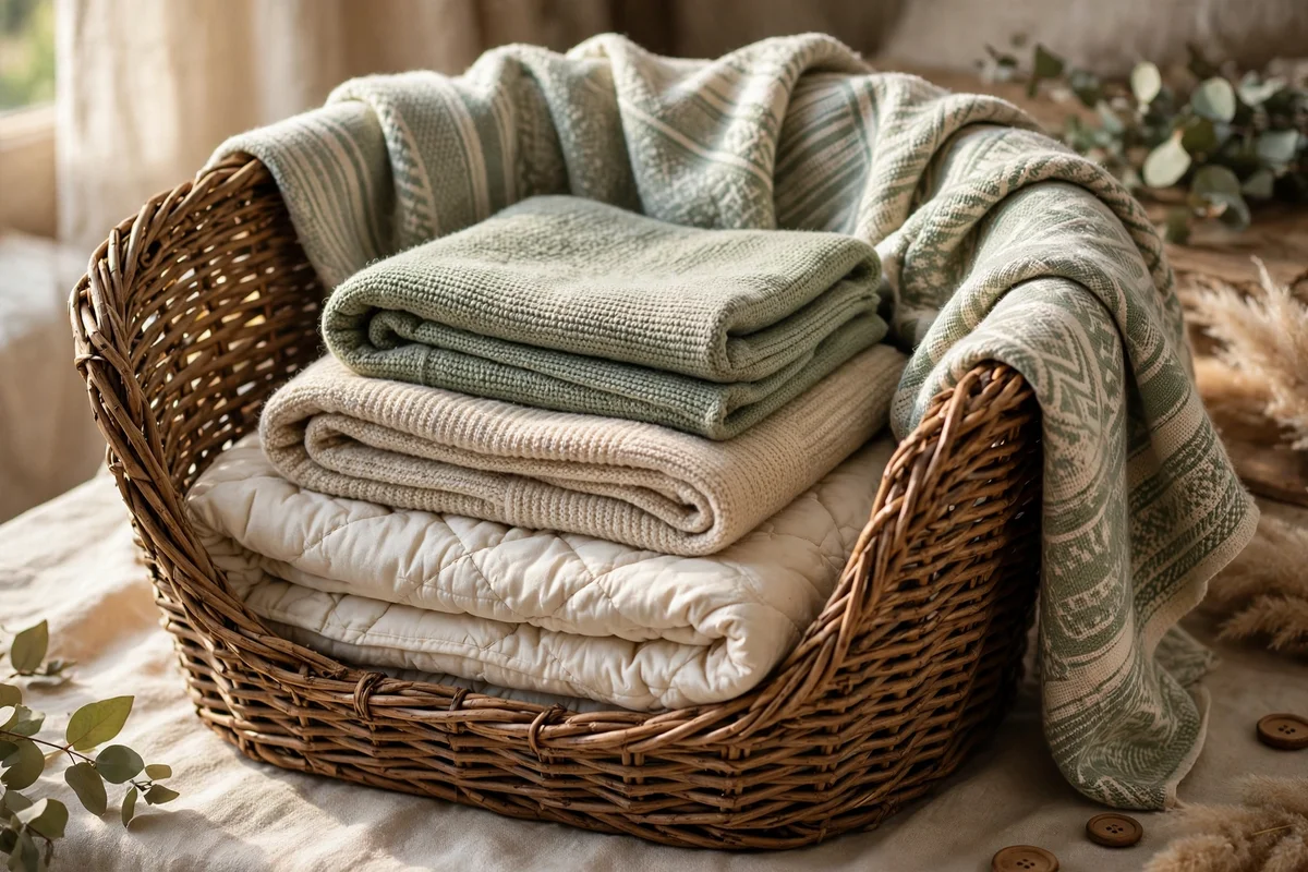Deep basket layered with two throws and a quilt in calm tones