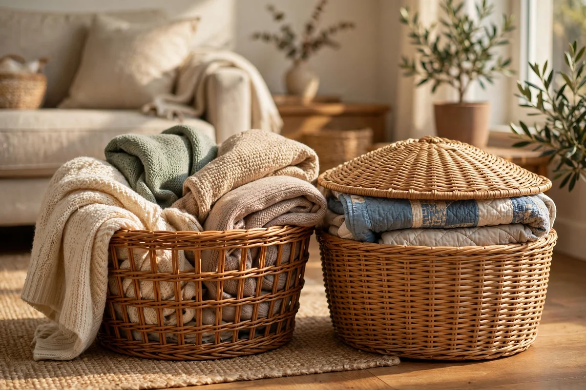 Open basket of daily throws next to a lidded basket of spare quilts