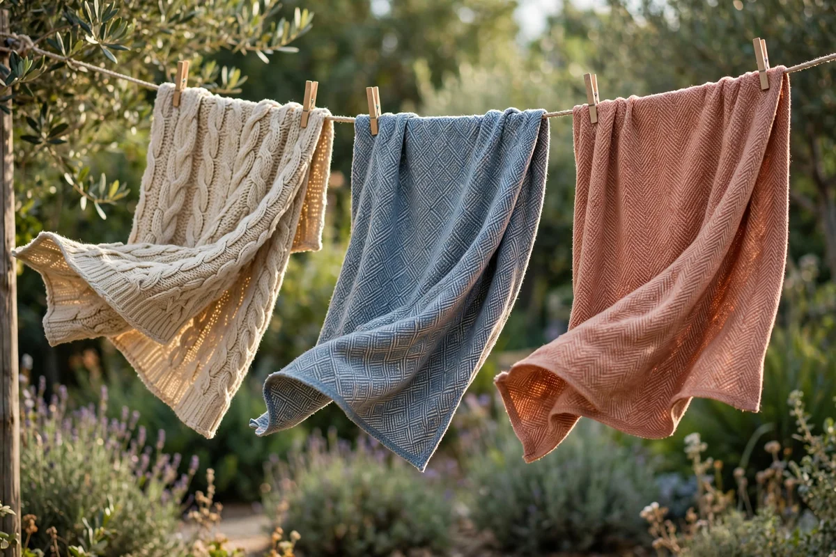 Throws airing on a clothes line on a dry breezy day
