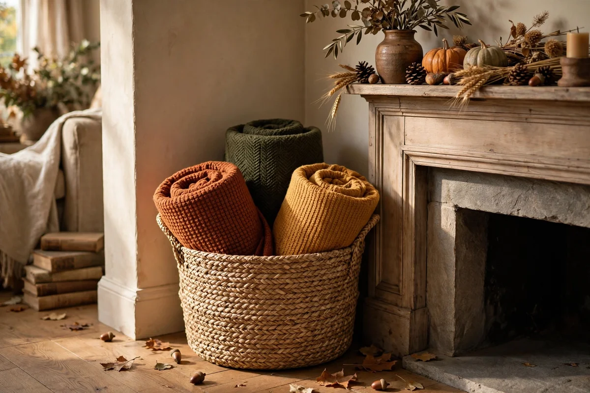Seagrass basket with warm-toned throws beside a mantel