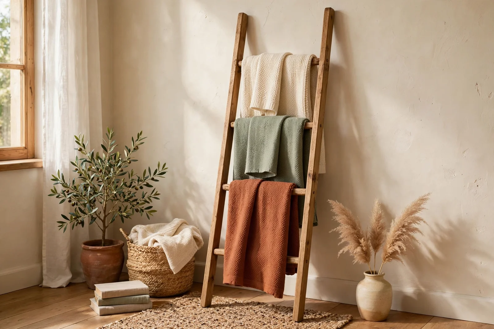 Wooden blanket ladder with neatly draped throw blankets in a cosy living room