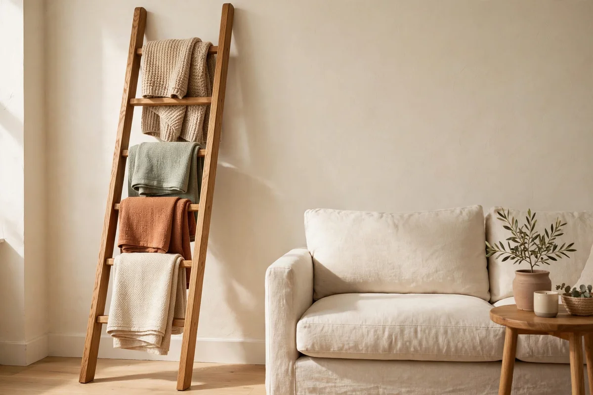Solid oak blanket ladder beside a sofa holding folded throw blankets