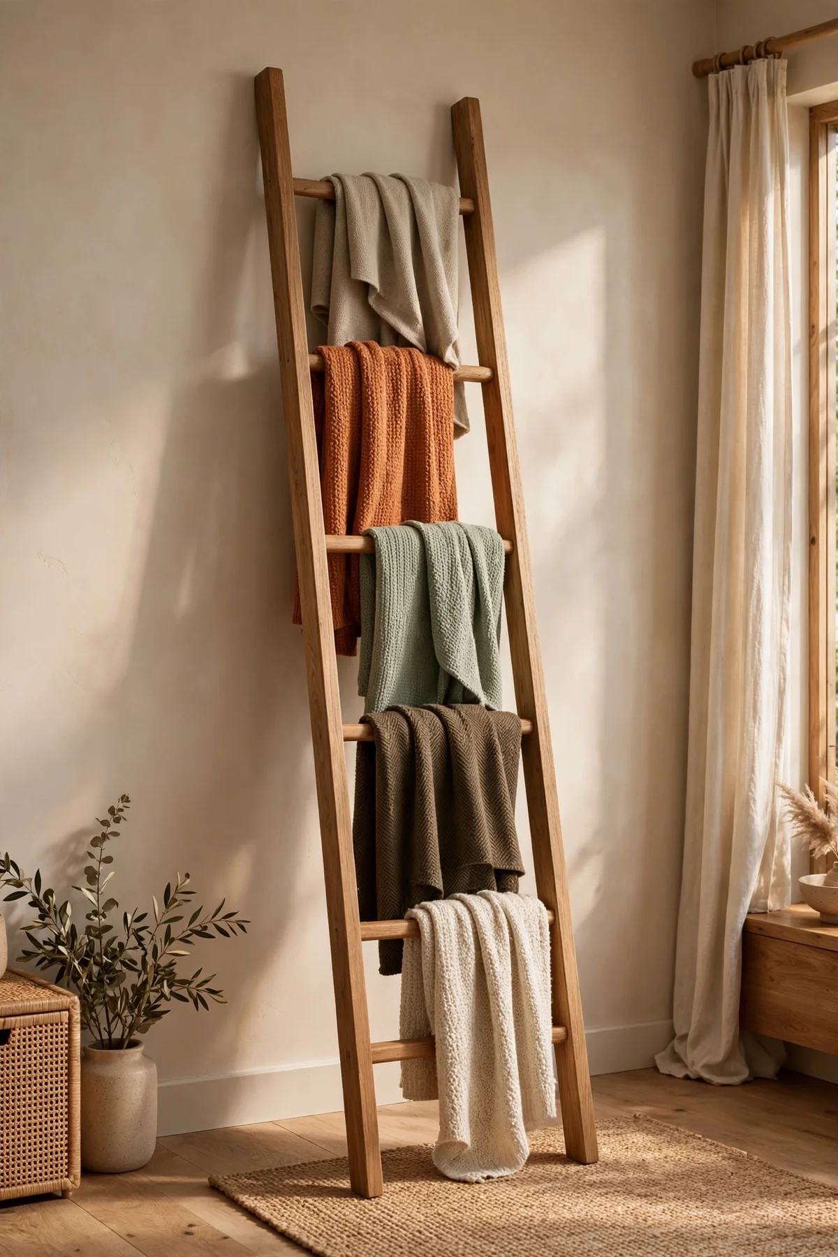 Blanket ladder sized for a standard ceiling with throws on five rungs
