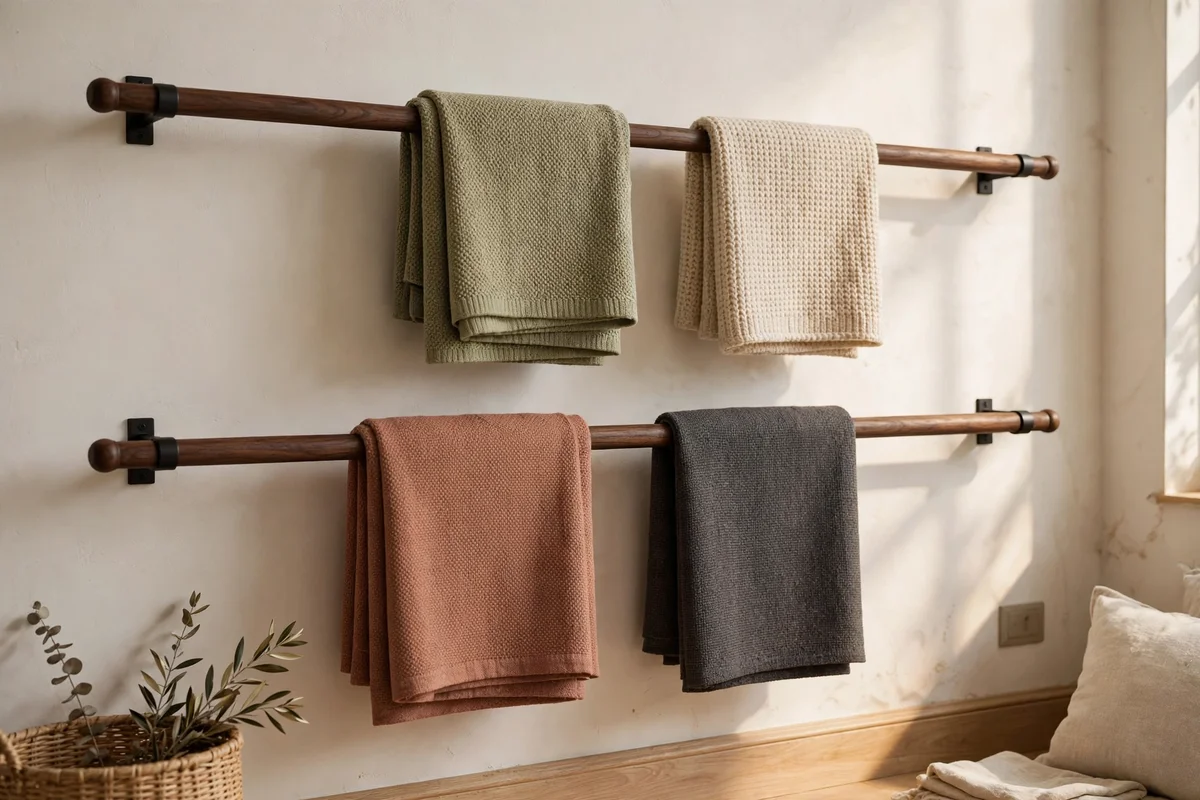 Walnut wall mounted rails holding folded throws flush against the wall