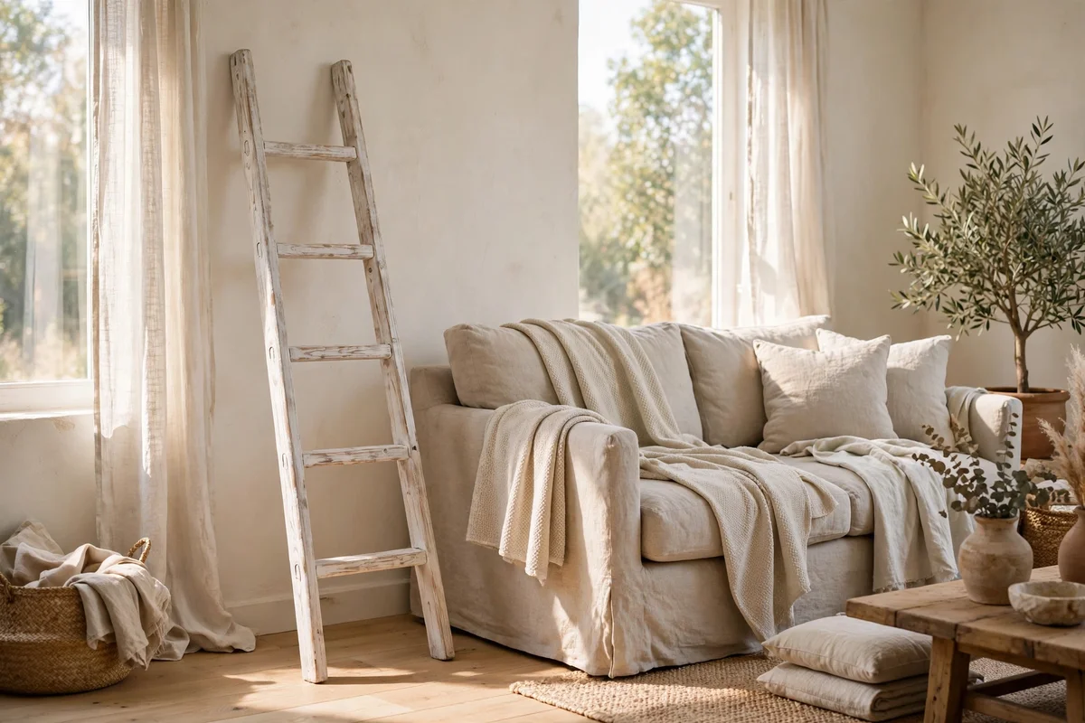 Whitewashed pine ladder with pale throws beside a linen sofa