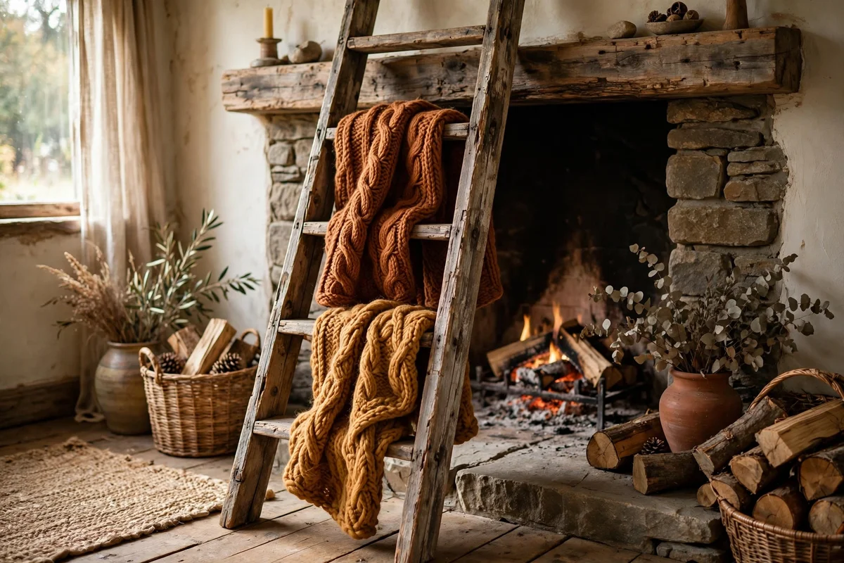 Reclaimed timber ladder with wool throws beside a fireplace
