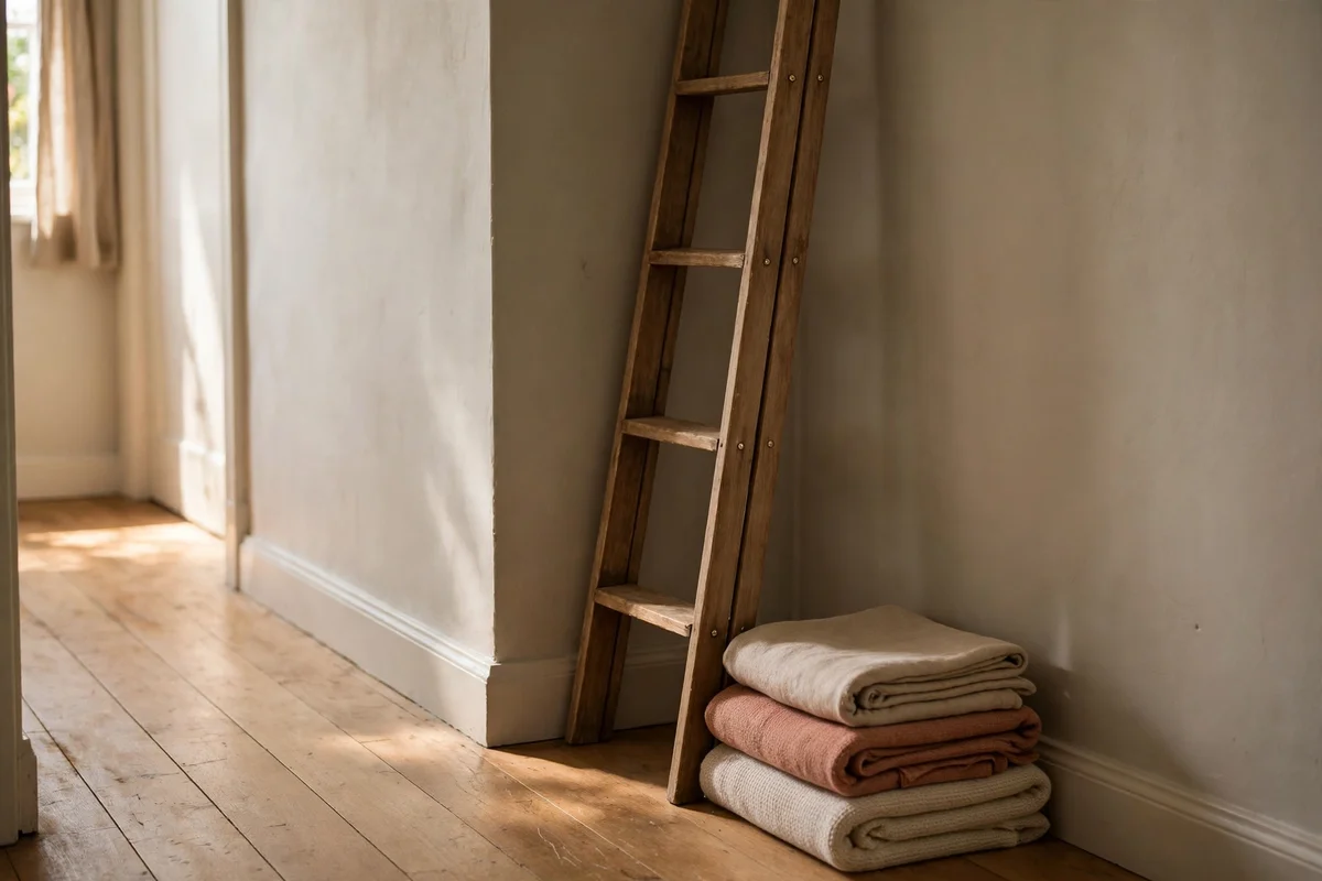 Slim wooden ladder with folded throws in a narrow hallway corner